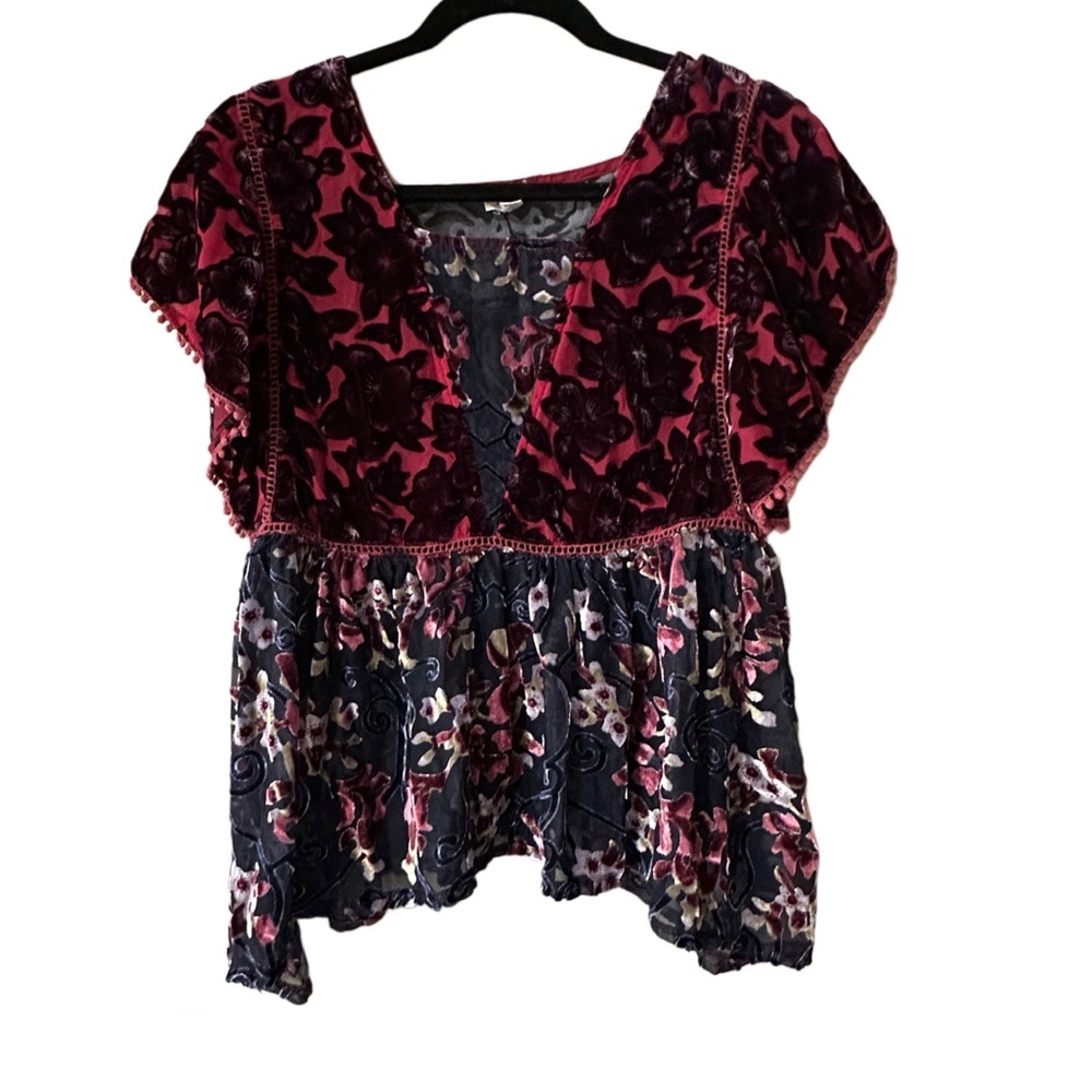 POL Sheer Velvet Blouse w/ Red/Black Floral Pattern and Pom Pom Sleeve Detail